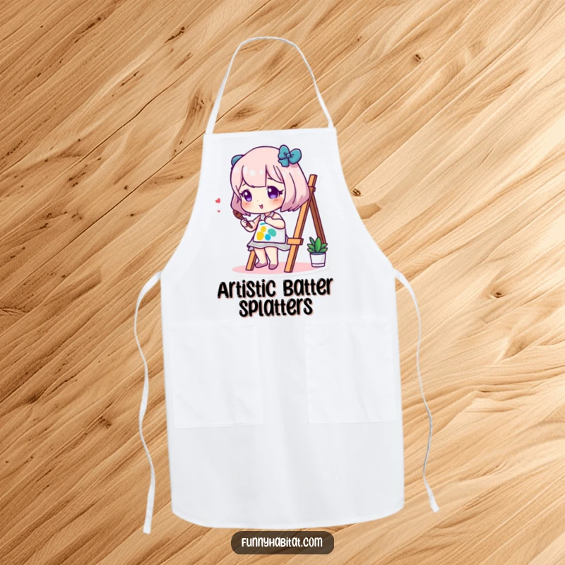 Funny apron featuring a character artist painting on a small canvas with bright colors, ideal for protecting clothes during creative endeavors.