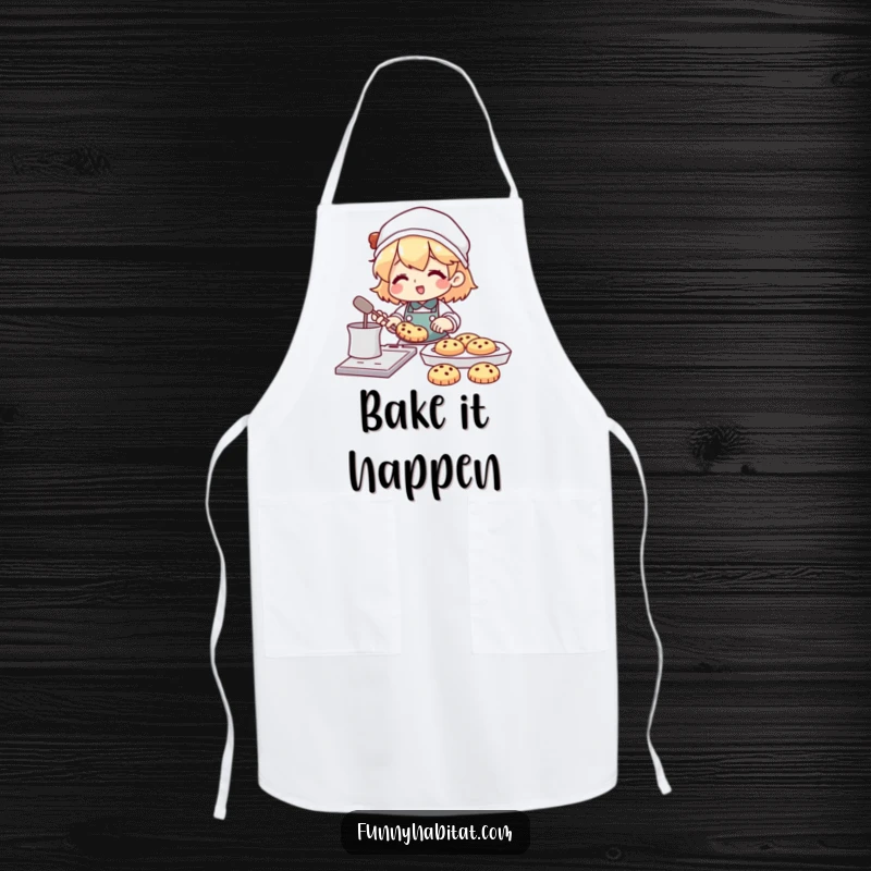 Funny apron showing a character happily baking cookies with a tray full of treats nearby; a practical and humorous baking accessory.