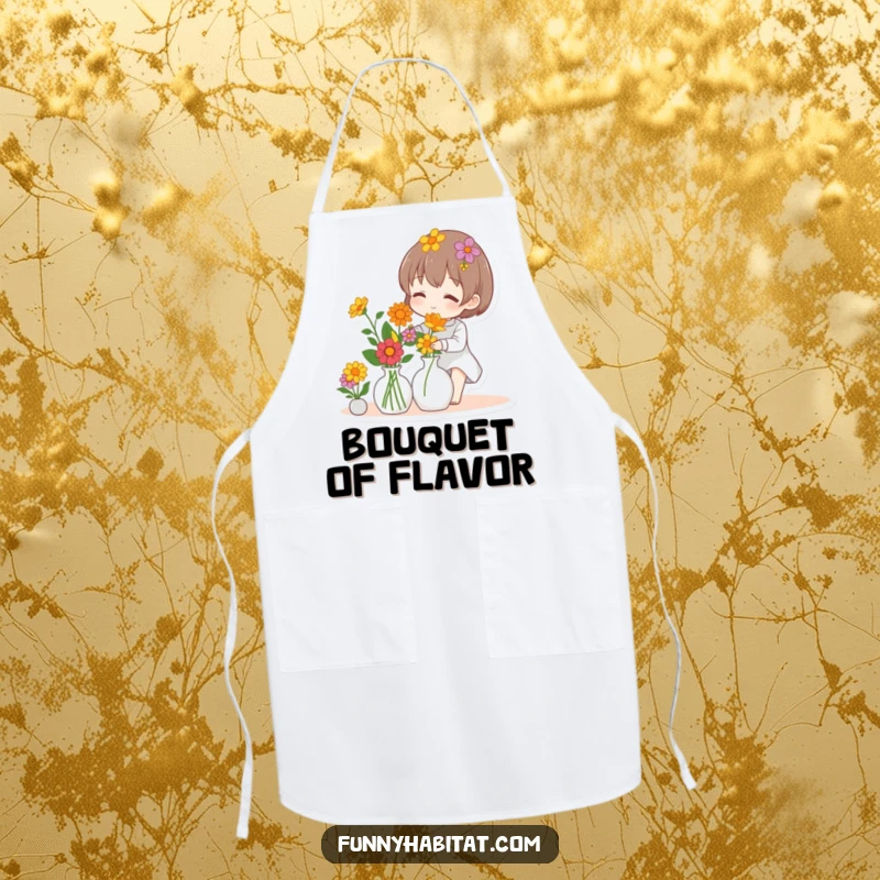 Funny apron with a character arranging colorful flowers in a vase, adding a floral touch to your outfit.