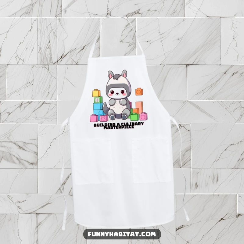 Funny Apron depicting a cute animal character organizing colorful building blocks, adding a humorous and organized touch to kitchen wear.