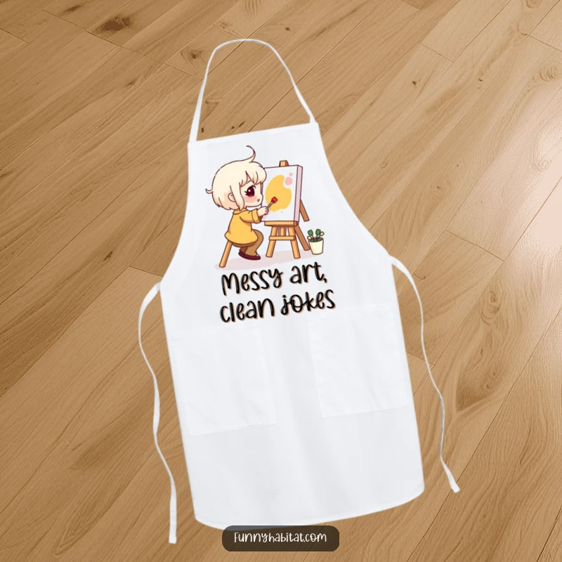 Funny Apron: A cheerful character happily paints on a small canvas, ready to create masterpieces in the kitchen with humor.