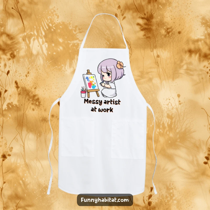 Funny apron with a character concentrating on painting a colorful picture, perfect for protecting clothes during artistic endeavors.