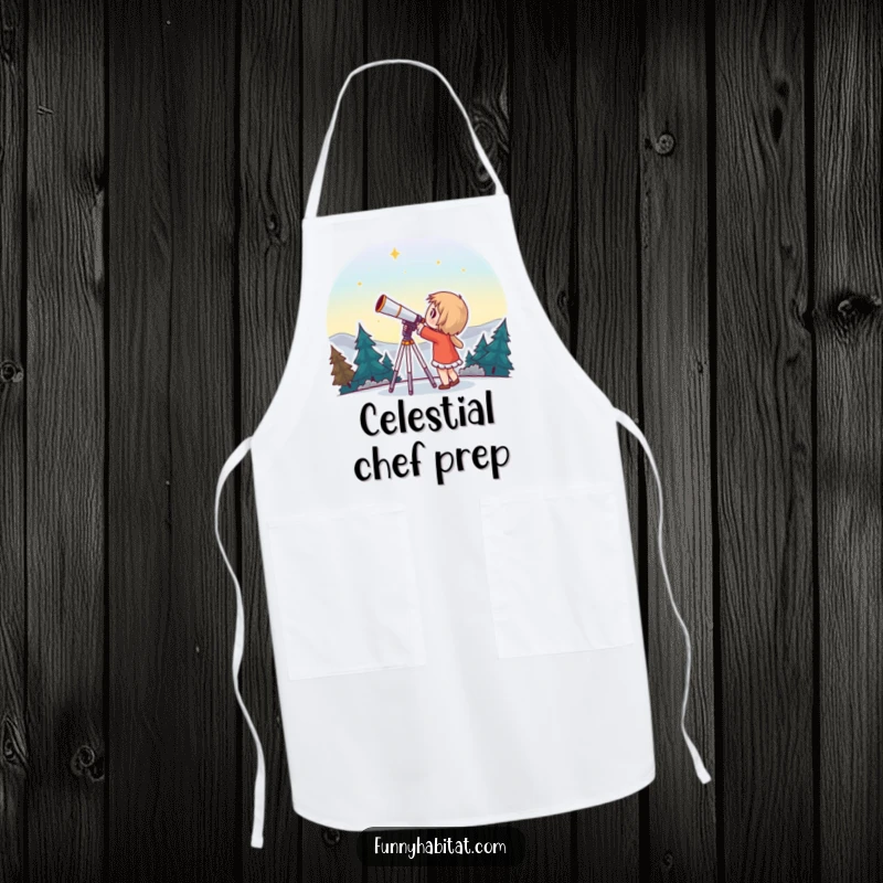 Funny apron with a character using a telescope to gaze at the stars, perfect for the culinary explorer.