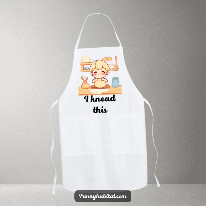Funny Apron: Character happily kneading dough on a wooden counter, perfect for kitchen protection.