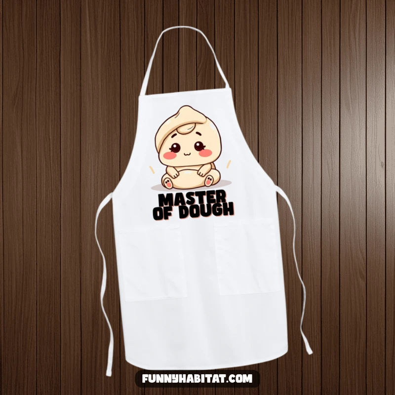 Funny character kneading dough with a contented expression, wearing a cute baking apron.