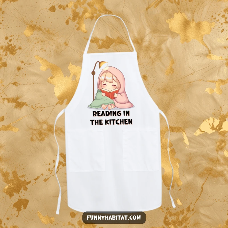 Funny apron featuring a cozy character wrapped in a blanket, reading a book by soft lamplight, for kitchen or crafting.