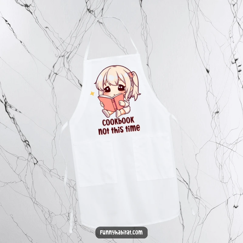 Funny Apron featuring a tranquil character reading a book while perhaps pretending to cook, a humorous blend for kitchen bookworms.