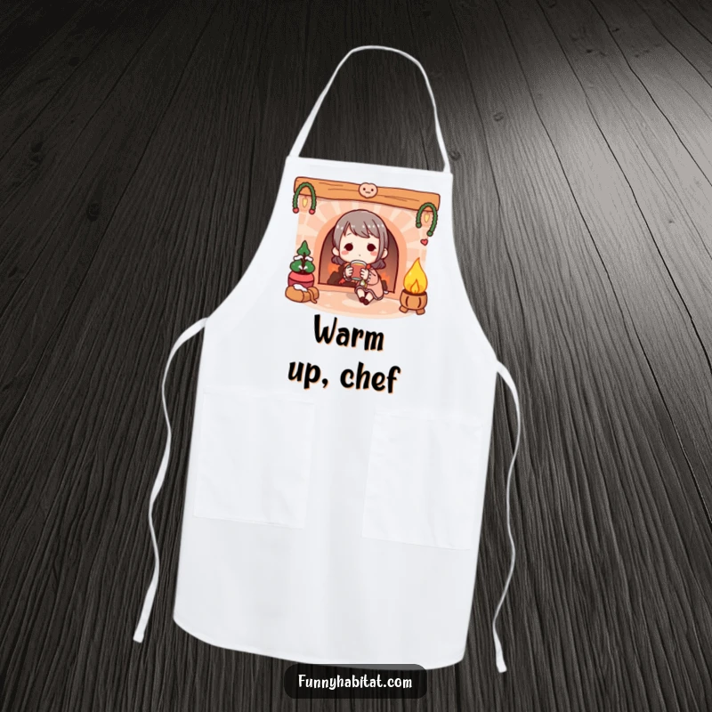 Funny Apron: Character enjoying a warm drink by a cozy illustrated fireplace, perfect for kitchen comfort.