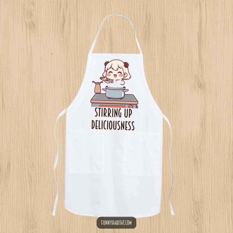 Funny apron featuring a character stirring a pot at a stove with steam rising, perfect for humorous kitchen activities.