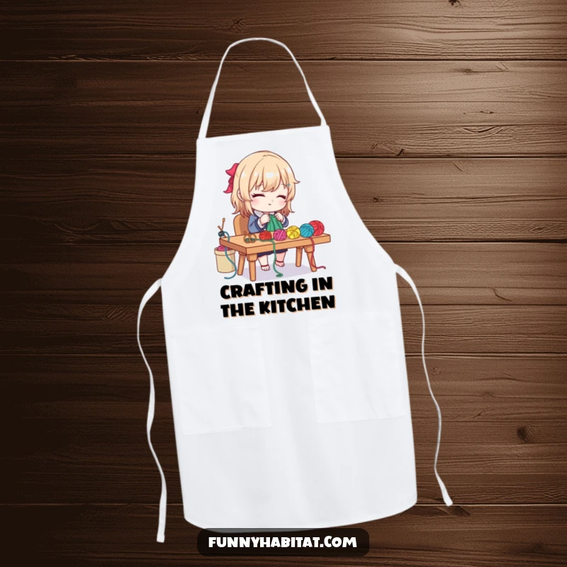 Funny apron featuring a diligent character crafting with colorful yarn and needles at a desk, perfect for crafting.