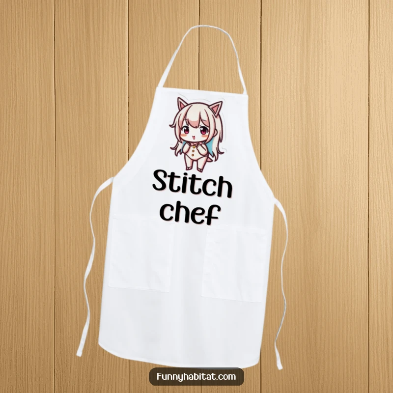 Funny embroidery apron with a character deeply focused on stitching a small, intricate design, ideal for protecting clothes.