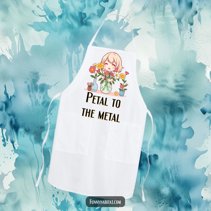 Funny apron showing a happy character cheerfully arranging a vase full of colorful flowers, perfect for gardening or crafting.