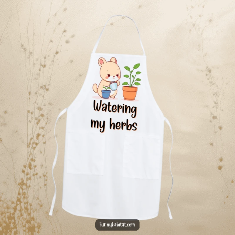 Funny apron showing a cheerful small animal character watering a small plant, perfect for cooking and baking.
