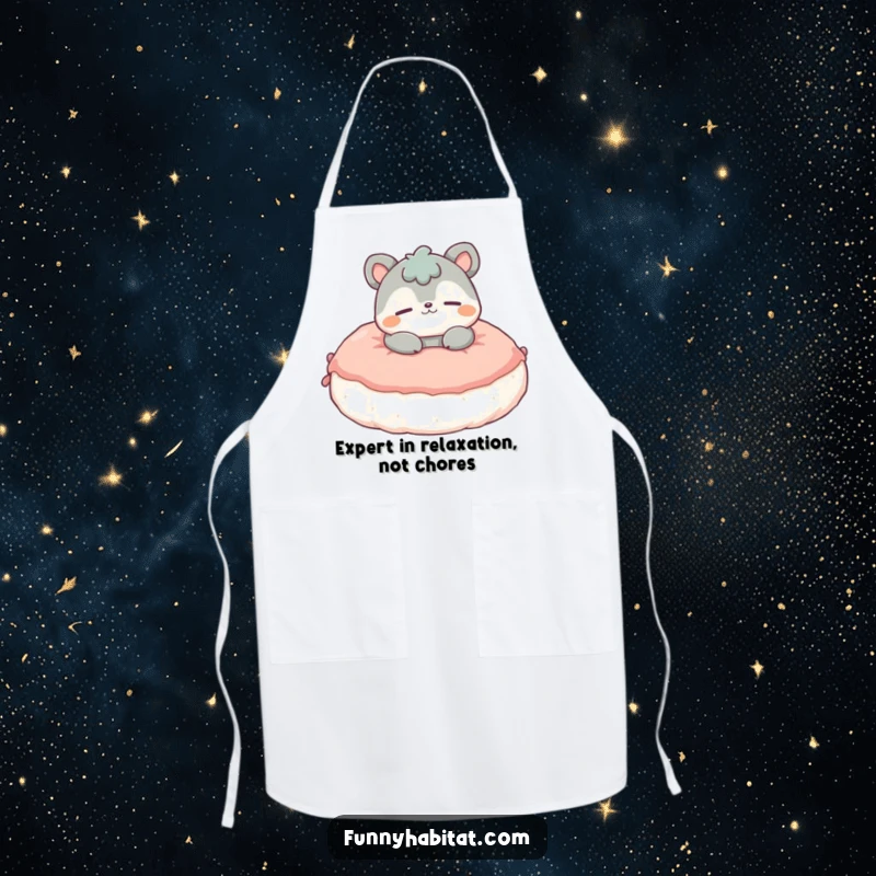 Funny Apron showing a contented animal character lounging casually on a fluffy cushion, a humorous addition to any kitchen.