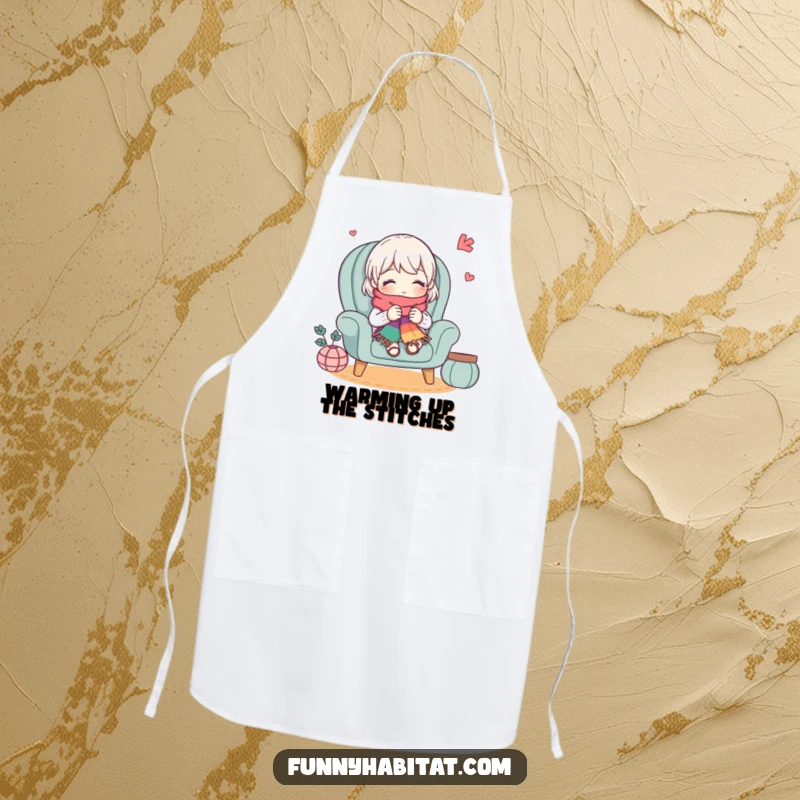 Funny apron featuring a cute character knitting a colorful scarf, perfect for a humorous and crafty kitchen experience.