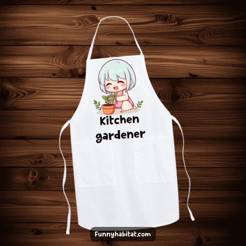 Funny apron depicting a cheerful character caring for a small potted plant, ideal for gardening tasks.