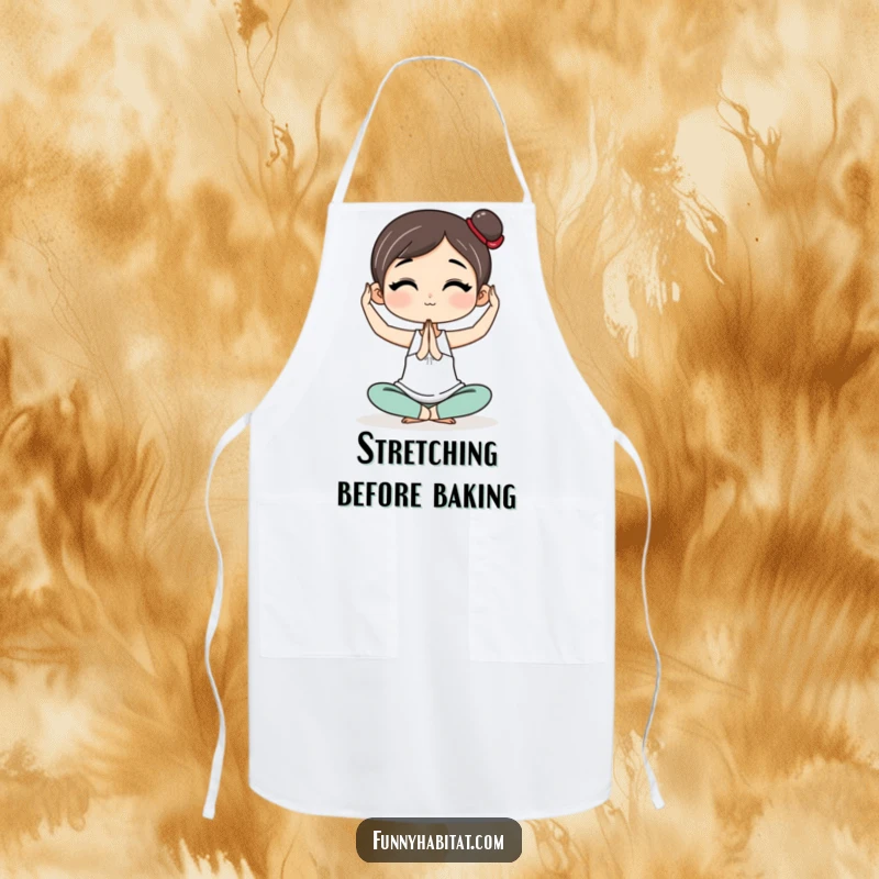 Funny Apron featuring a character in a serene yoga pose, perfect for maintaining a calm and humorous demeanor while cooking.