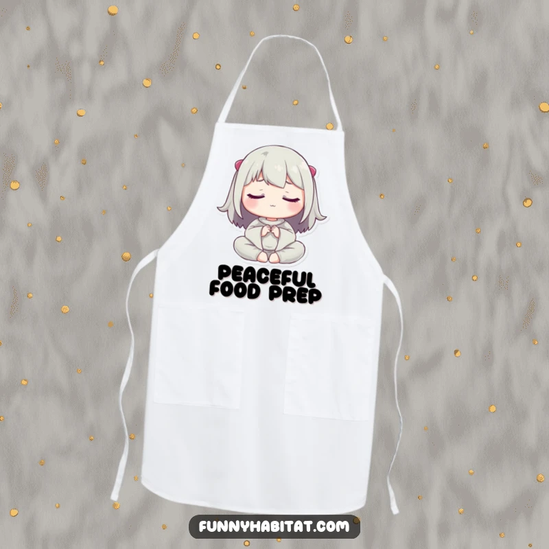 Funny apron featuring a character meditating peacefully with eyes closed, designed for those who seek calm in their activities.