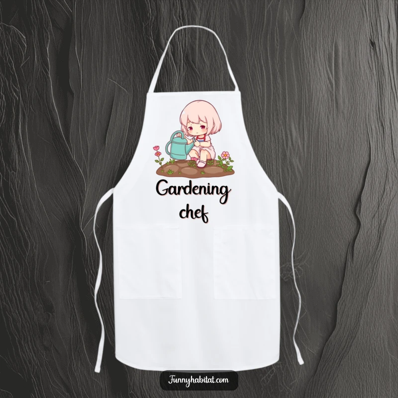Funny apron showcasing a cute character watering a miniature garden, perfect for adding garden charm to any outdoor activity.
