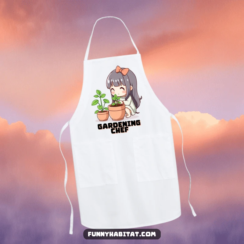 Funny Kawaii Apron, a cute character tends a small flourishing plant, perfect for gardening.