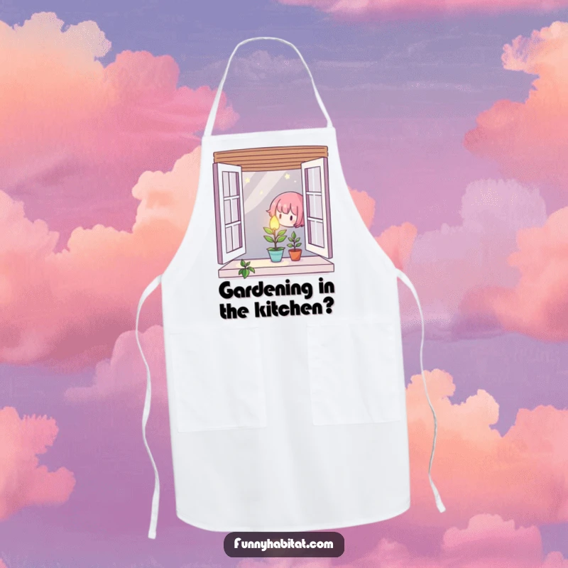 Character carefully tending to a small, glowing plant in a window, designed on an apron for garden or kitchen use.