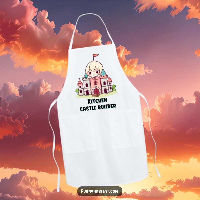 Funny Kawaii Apron, a playful character builds a miniature castle with blocks, perfect for kitchen fun.