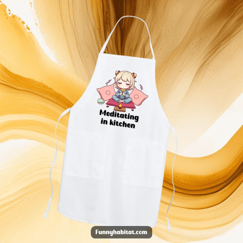Funny apron featuring a peaceful character meditating amongst soft cushions and gentle incense, for meditation or kitchen.