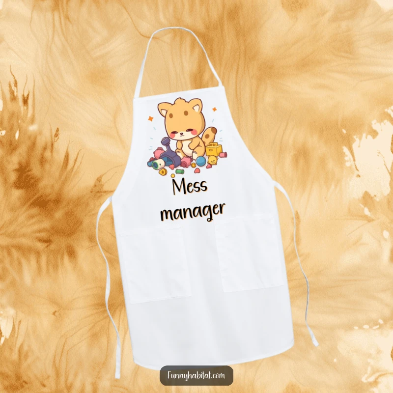 Funny apron showing an energetic animal character tidying up scattered toys, ideal for chores and crafts.