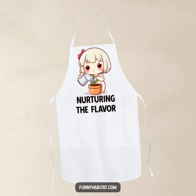 Funny plant apron, a cute character happily watering a plant, perfect for adding gentle humor to the kitchen.
