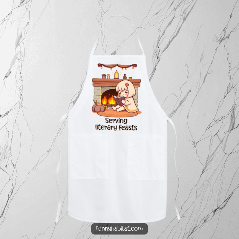 Funny character reading a book by a fireplace, wearing a cute apron.