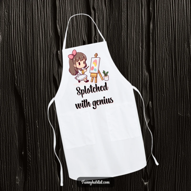 Funny apron showcasing a character painting on a small easel, perfect for adding creative inspiration to any art session.
