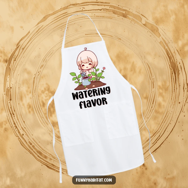 Funny apron depicting a character watering a healthy plant, ideal for kitchen wear and outdoor gardening with a humorous twist.