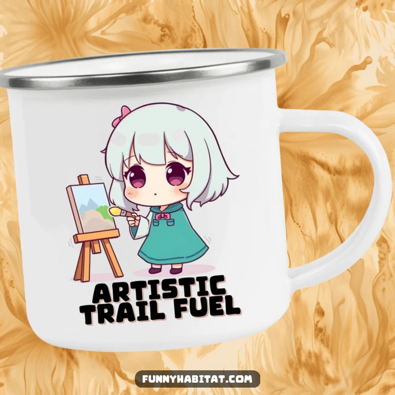 Funny camping mug showcasing a character painting on a canvas, brush in hand, perfect for outdoor artists.