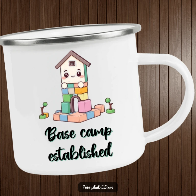 Funny camping mug with a character building with blocks, designed for outdoor adventures and morning brews with a smile.