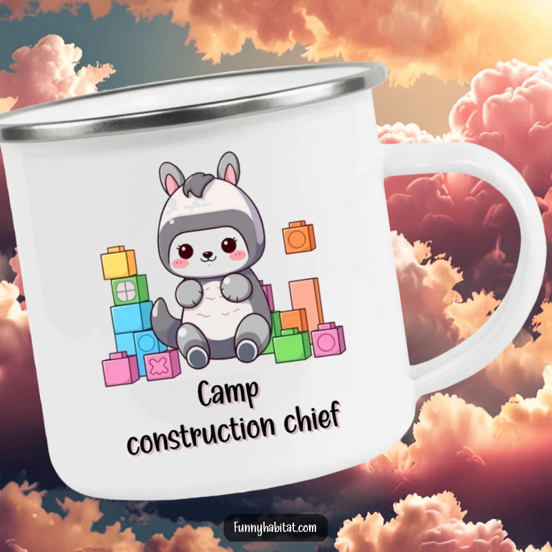 Funny Camping Mug with a cute animal character organizing colorful building blocks, perfect for outdoor activities and a bit of fun.