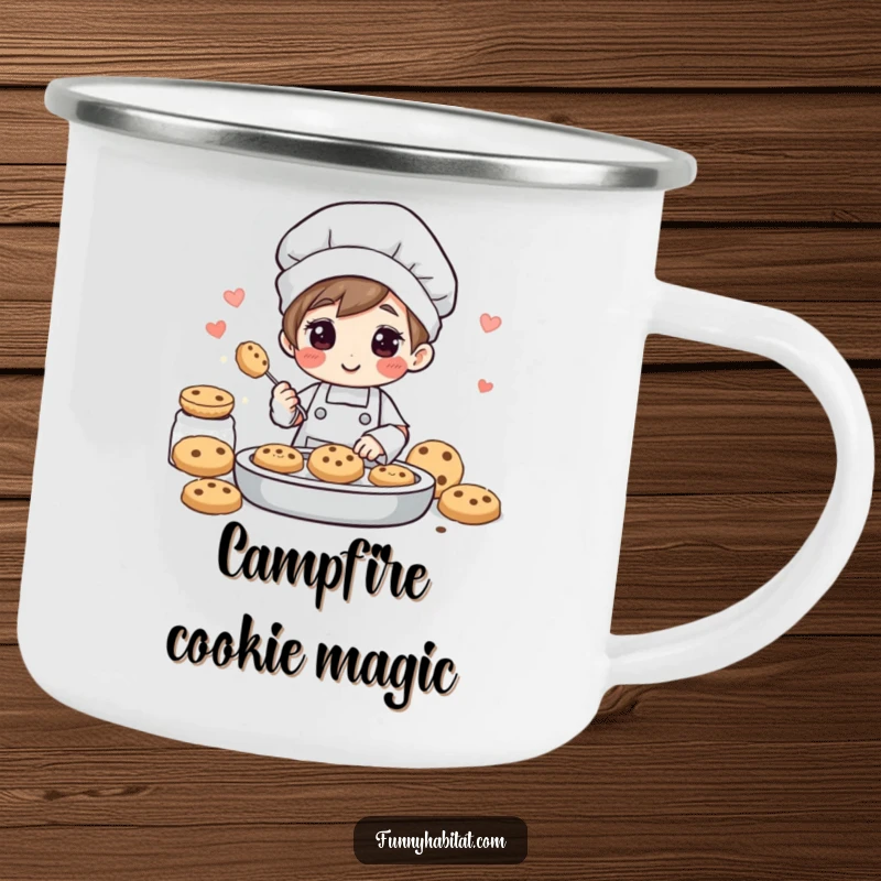 Funny camping mug showing a cheerful character baking cookies and emitting sweet aromas, perfect for outdoor baking enthusiasts.