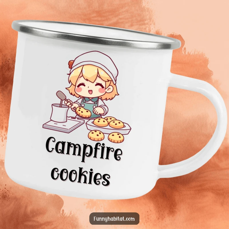 Funny camping mug with a character happily baking cookies with a tray full of treats nearby; durable and humorous outdoor drinkware.