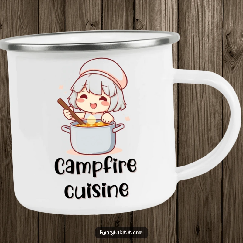 Funny camping mug featuring a satisfied chef stirring a pot, perfect for enjoying meals during outdoor adventures.