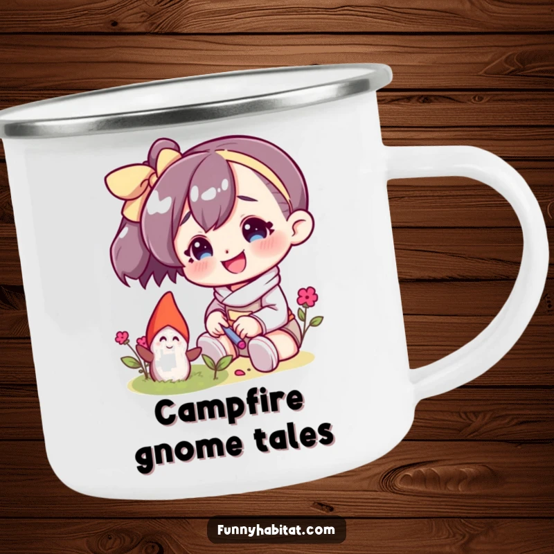 Funny camping mug with a character smiling while tending to a small garden gnome, ideal for outdoor adventures and warm drinks.