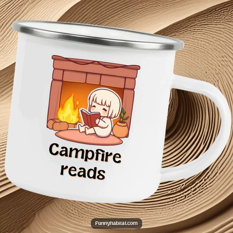 Funny camping mug showing a cute character reading by a warm fireplace, perfect for outdoor relaxation.