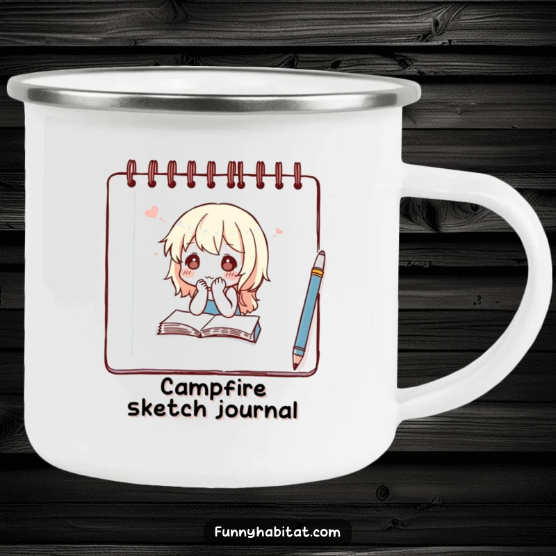 Funny camping mug featuring a thoughtful character sketching in a notebook, perfect for capturing outdoor inspiration.