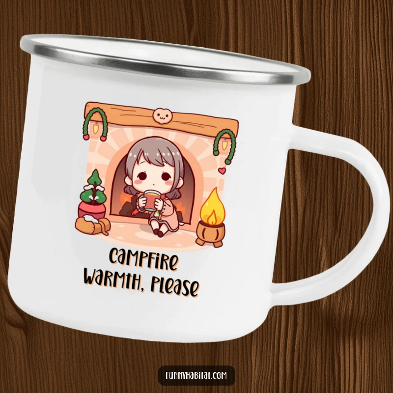 Funny Camping Mug: Character enjoying a warm drink by a cozy illustrated fireplace, ideal for outdoor coziness.