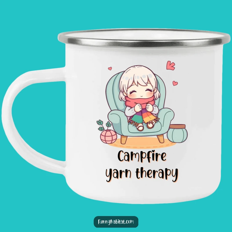 Funny Camping Mug: Cute Knitter Character, Cozy Scarf Design, Outdoor Funny Gift