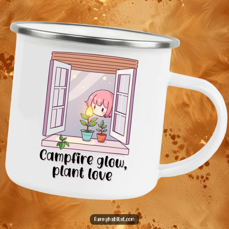 Character gently tending to a tiny, glowing plant in a window, printed on a durable camping mug.