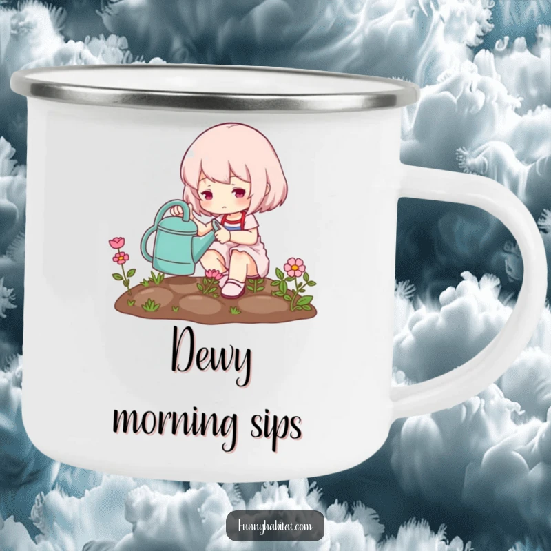 Funny camping mug showcasing a cute character watering a miniature garden, perfect for enjoying drinks with a peaceful, natural vibe.