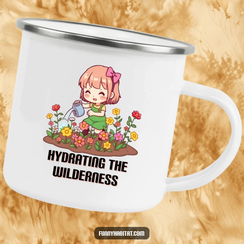 Funny camping mug with a character watering blooming flowers, durable and perfect for outdoor enthusiasts and gardeners.