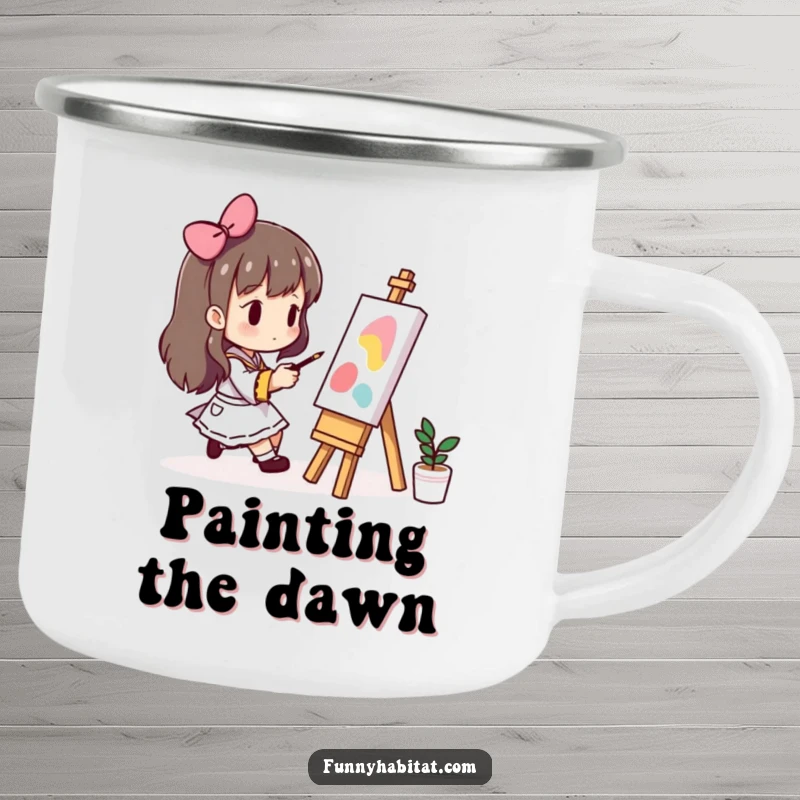 Funny camping mug showcasing a character painting on a small easel, perfect for enjoying drinks with an inspiring, artistic vibe.