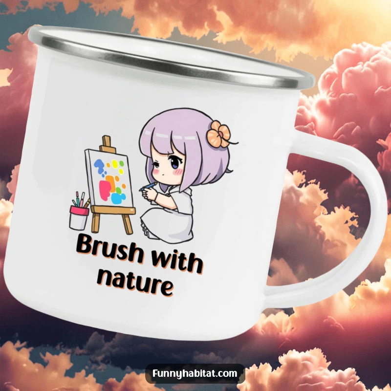 Funny camping mug with a character concentrating on painting a colorful picture, designed for outdoor artistic inspiration and humor.