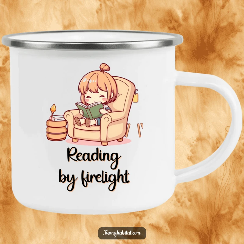 Funny camping mug showing a character reading a book in a comfy armchair, designed for book lovers enjoying the outdoors.