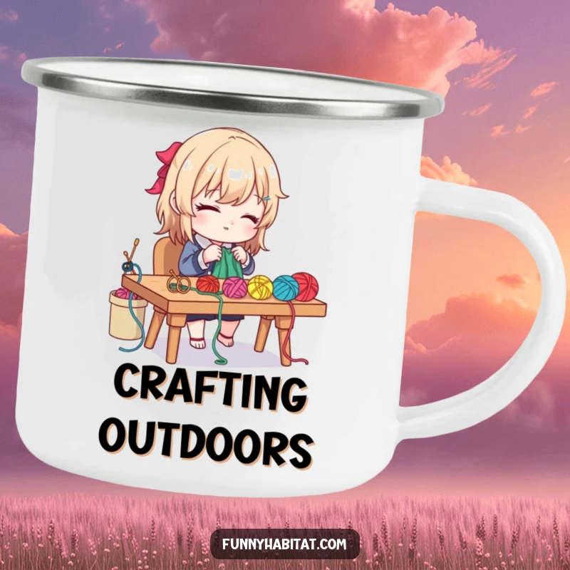 Funny camping mug featuring a diligent character crafting with colorful yarn and needles at a desk, for outdoor crafting.